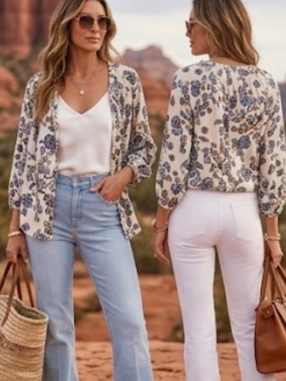 Floral Puff-Sleeve Open Cardigan Top - Cream/Blue